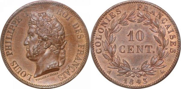 LAST CHANCE Marquises Colonies 10 Cts Louis Philippe I 1843 A PCGS MS64 BN