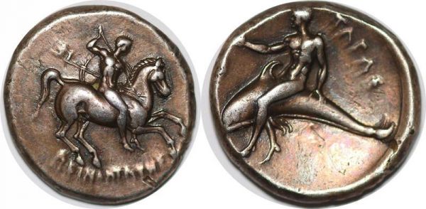 Greek coin Very Rare Calabre Tarente nos vers 330 Cavalier Taras Silver Ausup