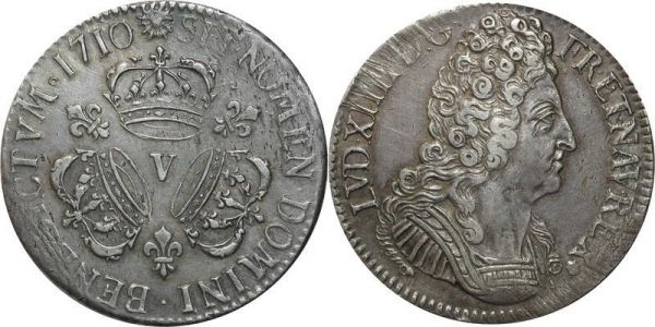 France Rare R3 Ecu Louis XIV 3 Couronnes 1710 V Troyes Argent Silver Quasi SUP 