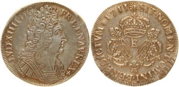 France Rare R3 Ecu Louis XIV 3 Couronnes 1711 E Tours Argent Silver TTB+++