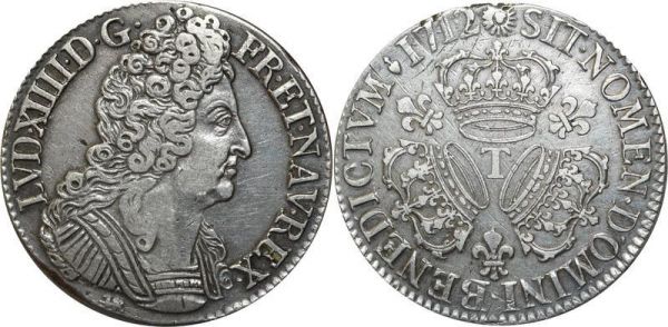 France Rare R3 Ecu Louis XIV 3 Couronnes 1712 T Nantes grand coeur Argent Silver
