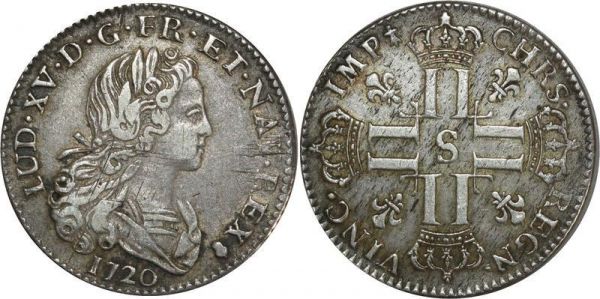 France Rare R3 Petit Louis Louis XV 3 Livres 1720 S Reims Argent Silver