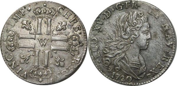 France Rare R3 Petit Louis Louis XV 3 Livres 1720 W Lille Argent Silver Regn SUP