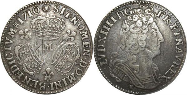 France Rare R4 1/4 Ecu Louis XIV 3 Couronnes 1710 M Toulouse Argent Silver