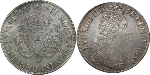 France Rare R4 Ecu Louis XIV 3 Couronnes 1709 E Tours Argent Silver TTB++