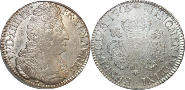 France Rare R4 Ecu Louis XIV 3 Couronnes 1709 O Riom Argent Silver SUP