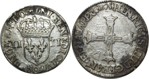 France Very Rare 1/4 Ecu Croix batonnée Henri IV 1604 C Saint-Lô Argent 