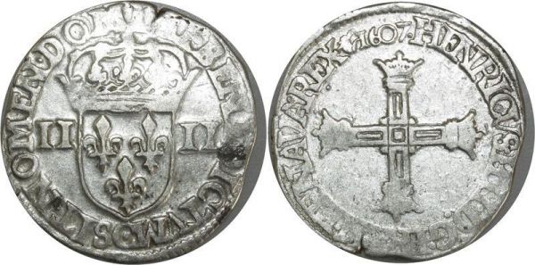 France Very Rare 1/4 Ecu Croix batonnée Henri IV 1607 C Saint-Lô 