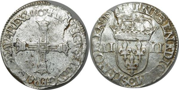 France Very Rare 1/4 Ecu Croix batonnée Henri IV 1607 C Saint-Lô Frappe Médaille