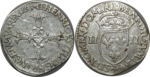 France Very Rare R3 Henri IV Quart Ecu argent Croix Feuillue de face 1595 Lyon