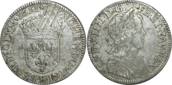 France Very Rare R6 Inedit 1/4 Ecu LouisXIV 1651 K Bordeaux Argent Silver 