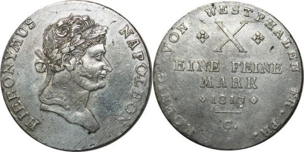 Germany Rare Mark Jerome Napoleon Westphalie 1813 Argent Silver AU 
