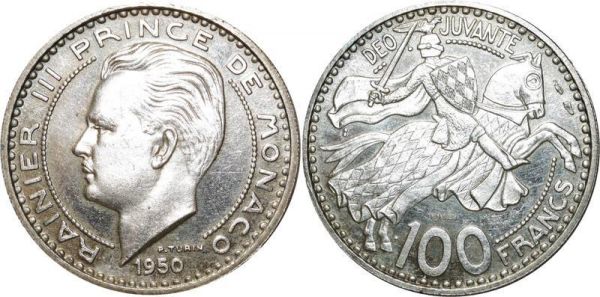 Monaco Rare 100 Francs Essai Rainier III 1950 Argent looks Proof