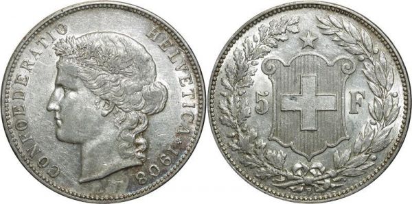 Switzerland Rare 5 Francs Suisse Helvetia 1908 Argent Silver SUP