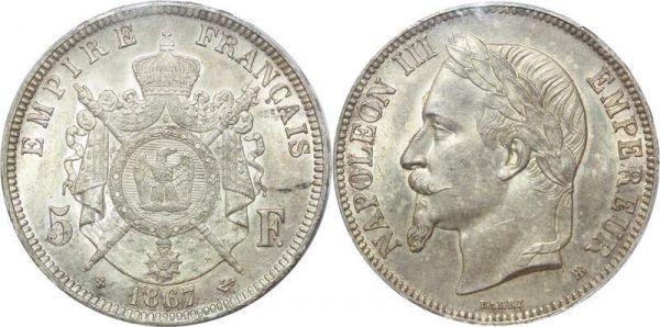 LAST CHANCE France 5 Francs Napoléon III 1867 BB Strasbourg PCGS MS64