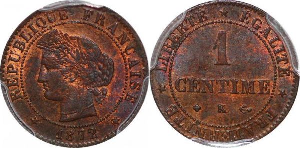 LAST CHANCE France 1 centime Napoléon III 1872 K Bordeaux PCGS MS62 RB