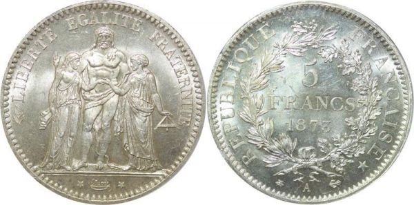 LAST CHANCE France 5 Francs Hercule 1873 A Paris PCGS MS65