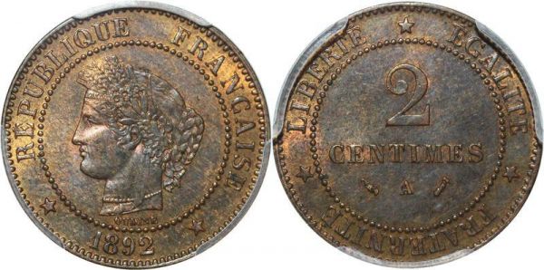 LAST CHANCE France 2 centimes Cérès 1892 A Paris PCGS MS63 RB