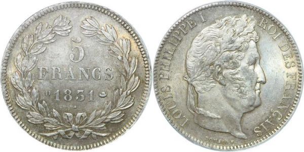 LAST CHANCE France 5 Francs Louis Philippe I 1831 D Lyon Incuse PCGS AU58