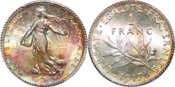 LAST CHANCE France 1 Franc Semeuse Arc en Ciel Rainbow 1917 PCGS MS65