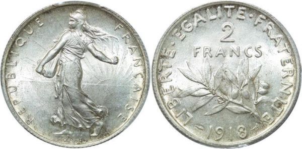 LAST CHANCE France 2 Francs Semeuse 1918 PCGS MS64