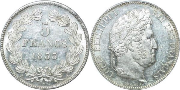 LAST CHANCE France 5 Francs Louis Philippe I 1833 A Paris PCGS AU58