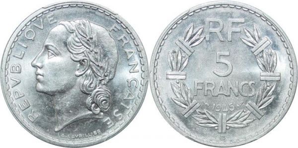 LAST CHANCE France 5 Francs Lavrillier 1945 B Rouen PCGS MS63