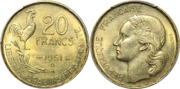LAST CHANCE France 20 Francs Guiraud 1951 B Rouen PCGS MS63