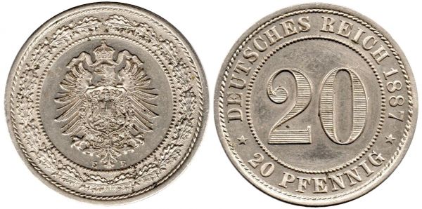 20 Pfennig 1887 E Muldenhütten Wilhelm I AU+ Scarce