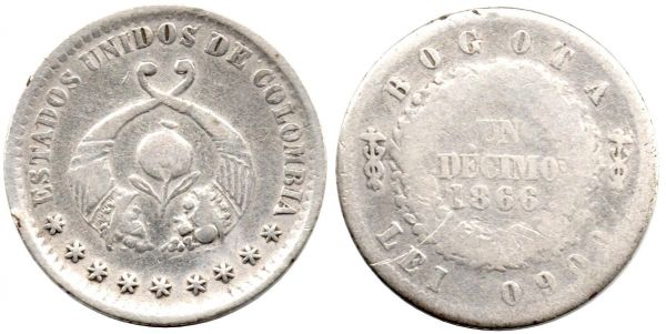 1 Decimo 1866 Bogota, Estados Unidos VG/F