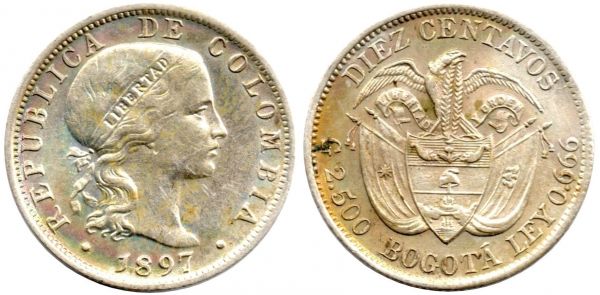 10 Centavos 1897 Bogota XF+ Toning