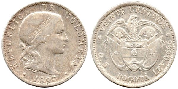 20 Centavos 1897 Bogota VF