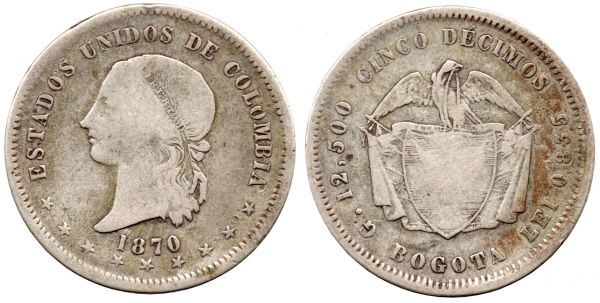5 Decimos 1870 Bogota, Scarce