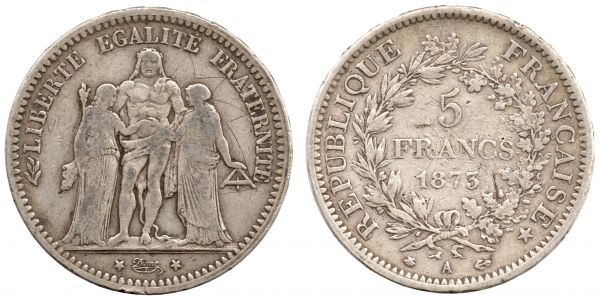 5 Francs 1873 A Paris VF, scratches