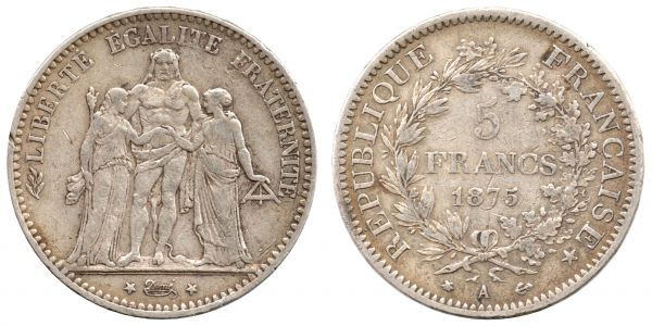 5 Francs 1875 A Paris VF+