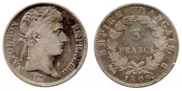 5 Francs 1809 B Strasbourg Napoleon I