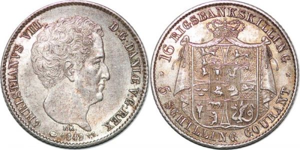 Denmark 5 Schilling 16 Rigsbankskilling 1842 Christian VIII Silver AUC