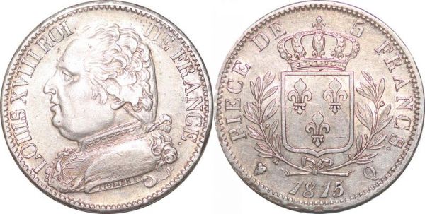France 5 Francs Louis XVI 1815 /4  Q Perpignan Silver AU50 