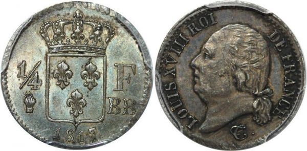 France Finest 1/4 Franc Louis XVIII 1817 BB Strasbourg PCGS AU58 Argent Silver