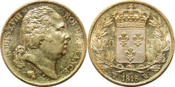 France 20 Francs Louis XVIII 1818 W Lille Or Gold 