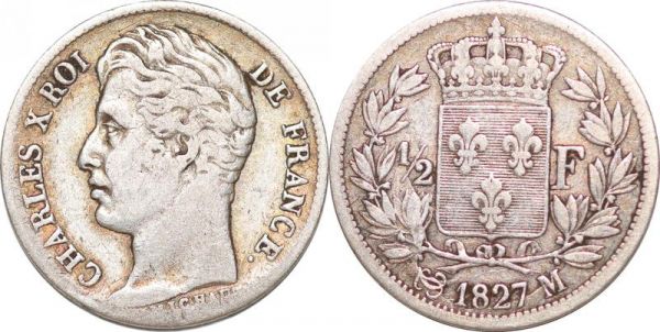 France 1/2 Franc Charles X 1827 M Toulouse Silver 7282 Ex TTB  