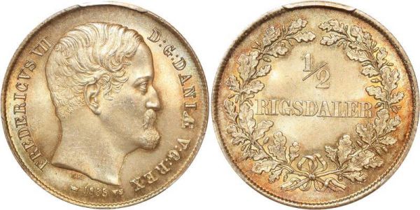 Denmark Finest 1/2 Rigsdaler Frederik VII 1855 PCGS MS65+ Silver