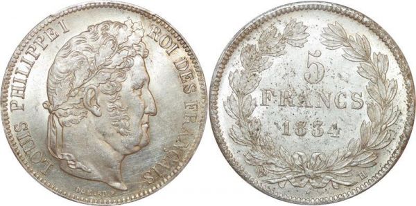 France 5 Francs Louis Philippe 1834 La Rochelle PCGS MS62 SPL