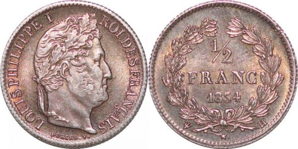 France 1/2 Franc Louis-Philippe 1834 H La Rochelle Silver SPL  