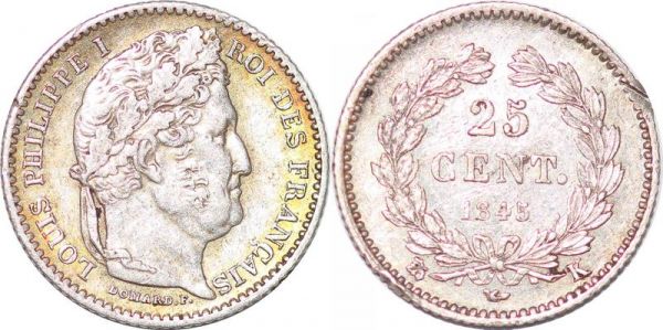 France 25 Centimes Louis Philippe 1845 K Bordeaux Silver