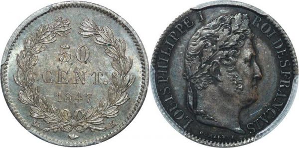 France 50 Centimes Louis Philippe 1847 K Bordeaux PCGS AU55