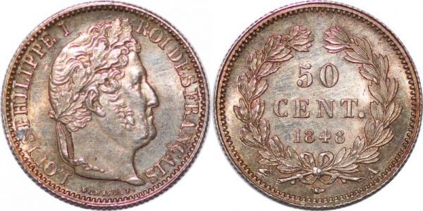 France 50 Centimes Louis Philippe 1848 A Paris Argent Silver FDC 