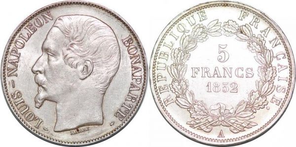 France 5 Francs Louis Napoleon Bonaparte 1852 Argent Silver MS 