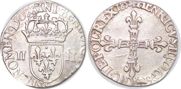 France 1/4 Ecu FAUTE Henri III croix de face 1854 9 Rennes Silver