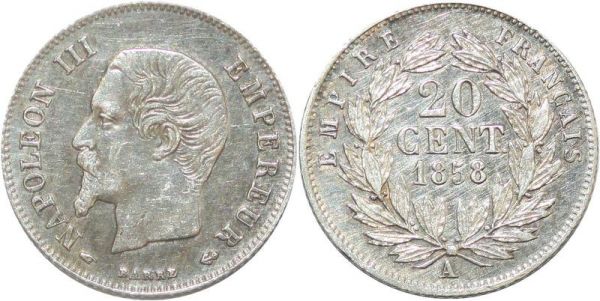 France 20 centimes Napoléon III Tête nue 1858 A Paris Silver 
